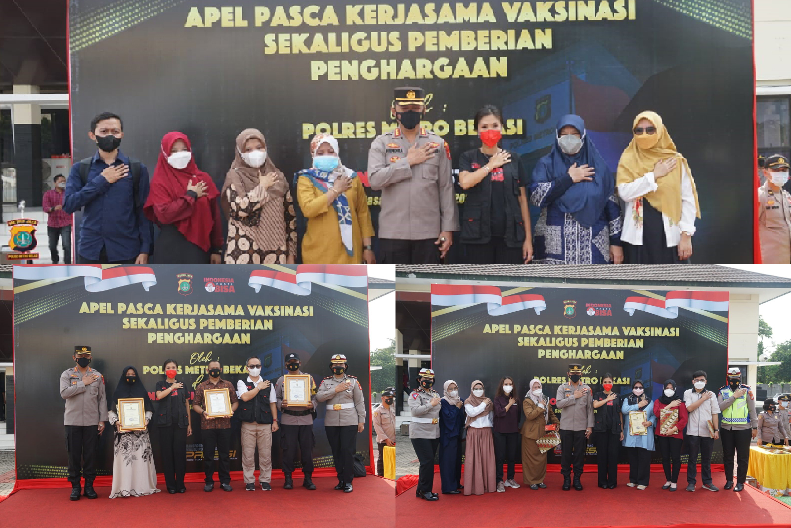Foto bersama dan Penyerahan Penghargaan oleh Polres Metro Bekasi kepada pihak-pihak yang telah membantu penangan Covid-19