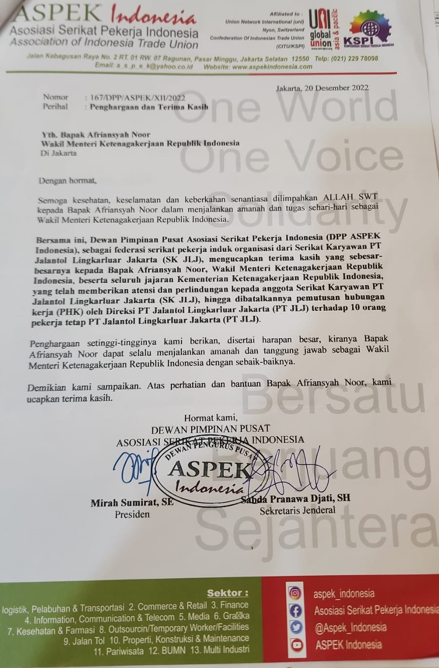 foto: Wamenaker RI dapat Penghargaan dari DPP ASPEK Indonesia