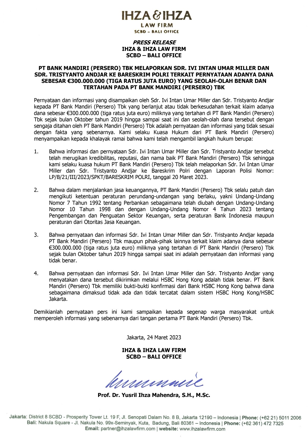foto: Press Release kasus Bank Mandiri terhadap Ivi Intan Umar Miller dan Tristyanto